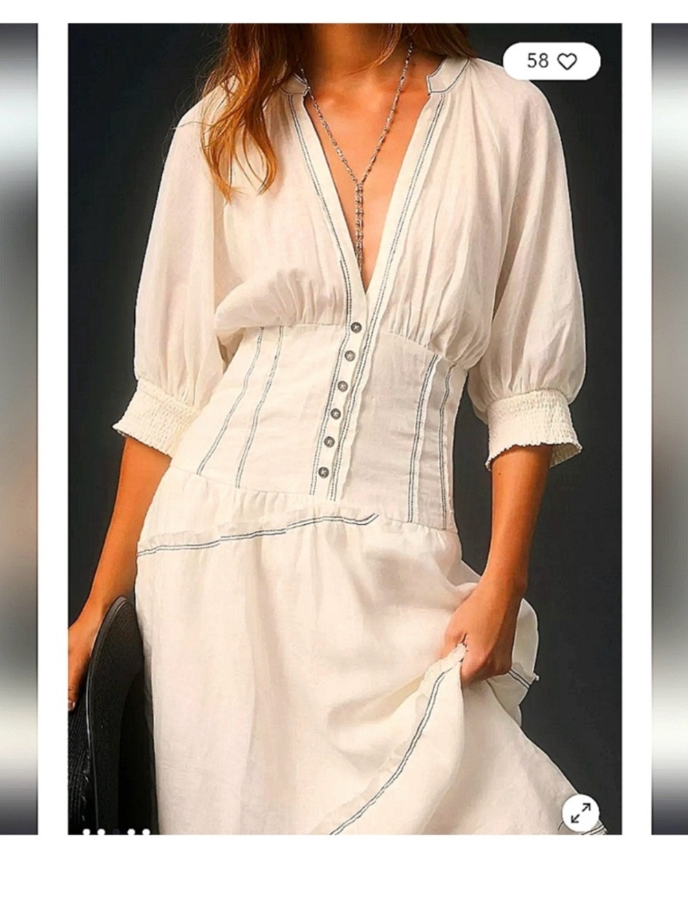 Anthropologie V-Neck white Corset Midi linen Shirt Dress short sleeves small